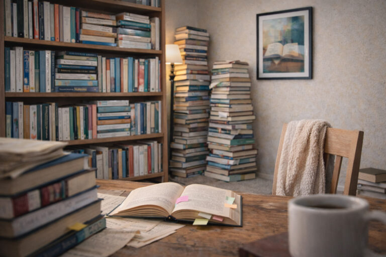 Book filled reading room with stacked books and cozy desk
