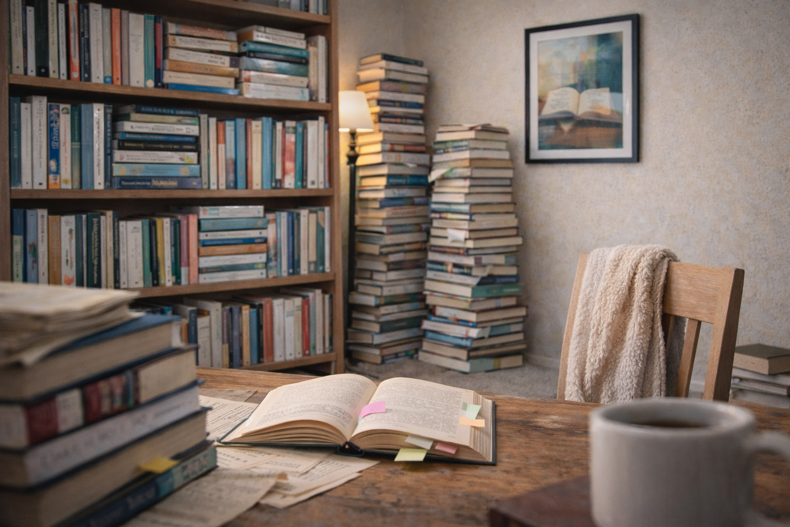 Book filled reading room with stacked books and cozy desk
